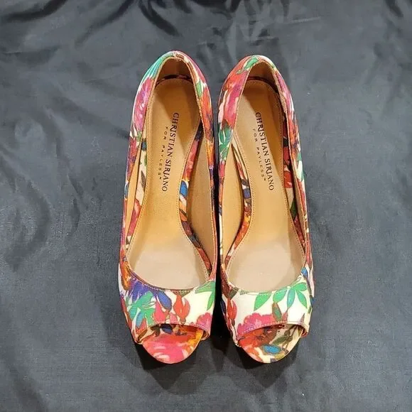 CHRISTIAN SIRIANO PEEP TOE HIGH HEEL STILETTO MULTI-COLOR FLORAL DETAILS PUMP - Picture 4 of 14